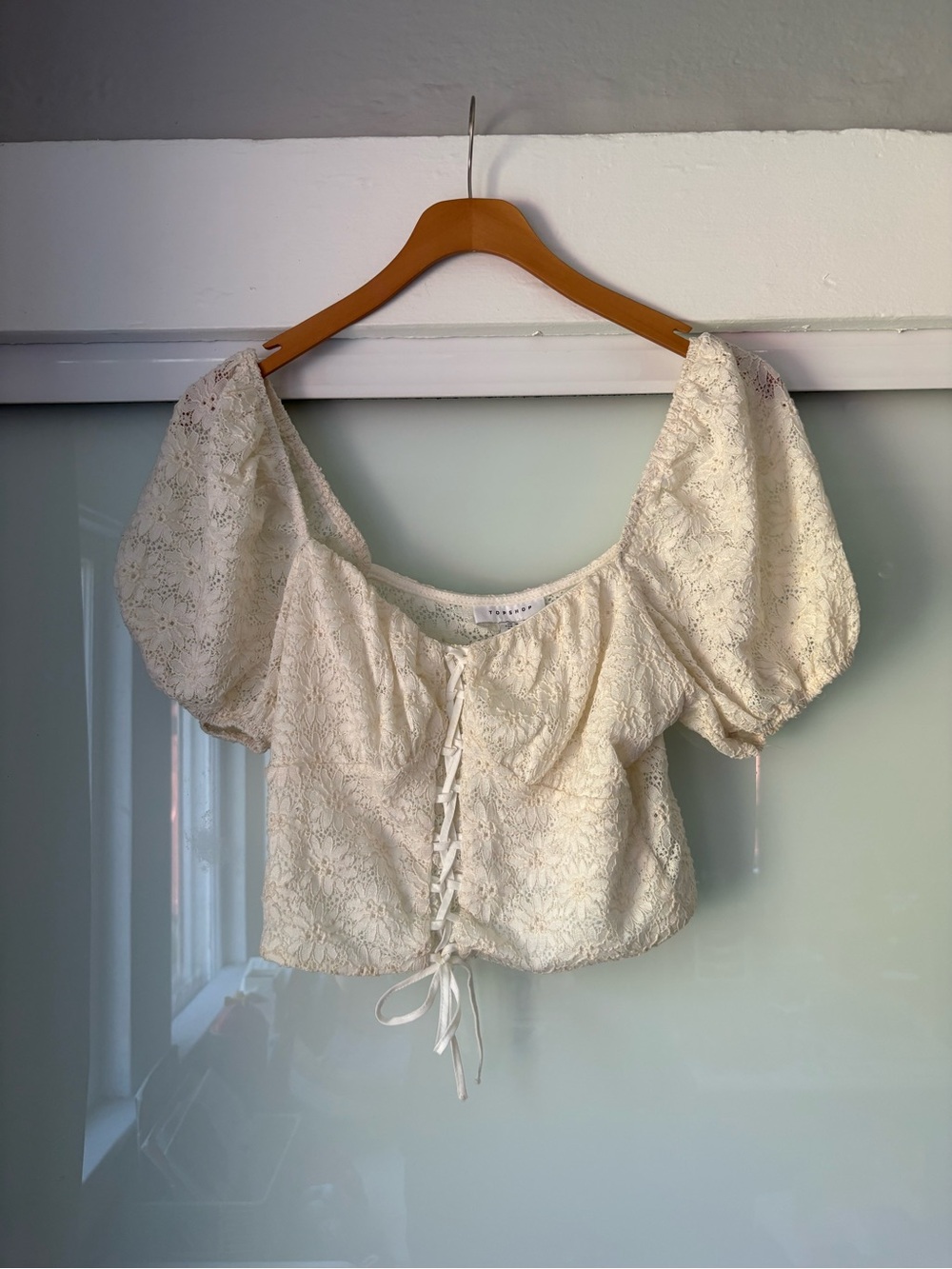 Topshop Cream Lace Puff Sleeve Corset Top
